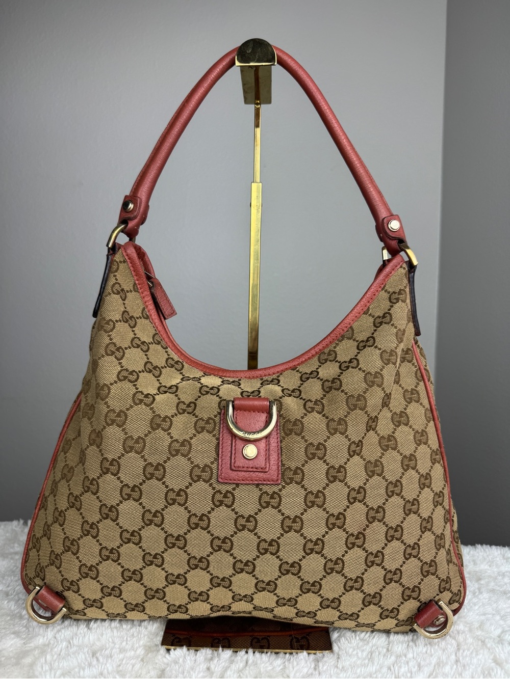 Gucci Abbey D ring Beige GG Canvas Hobo Bag with Pink Trim